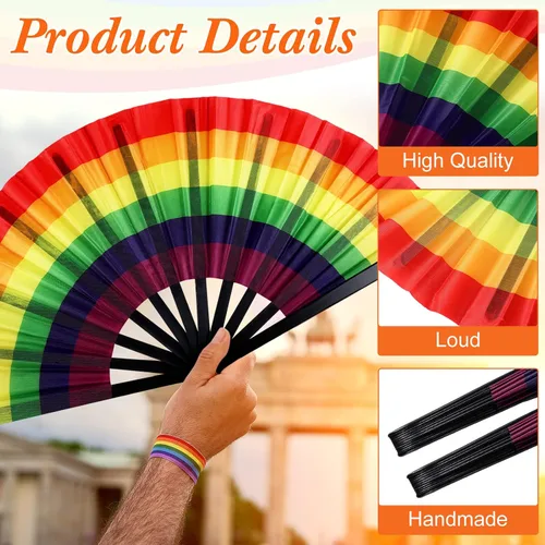 Miniatura 2 de Geetery 6 piezas grandes de mano plegable arco iris para fanáticos gay LGBT, fanáticos del festival orgullo arco iris para mujeres y hombres, fiesta