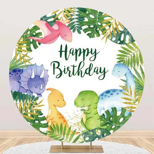 AOFOTO Telón de fondo redondo de dinosaurio de 5 x 5 pies, diseño de bosque y selva, temática de safari de dinosaurio, telón de fondo para niños,