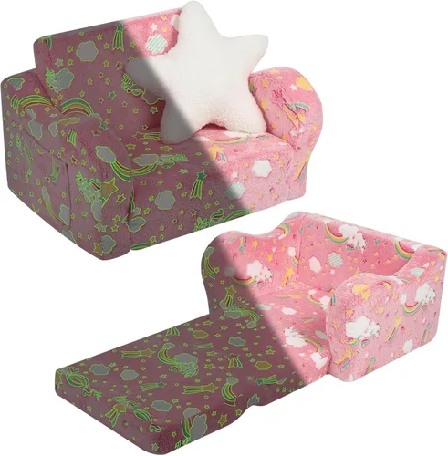 Miniatura 14 de MOMCAYWEX Sofá para bebé, 2 en 1, sofá suave para niños plegable con almohada de estrellas, sofá plegable para convertir en sofá cama, extra ancho