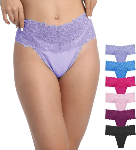 Miniatura 7 de Paquete de 6 tangas de encaje de cintura alta para mujer, ropa interior de algodón de talla grande, estilo retro, control de abdomen, tangas
