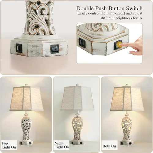 Miniatura 4 de Lámpara de mesa de granja de 25 pulgadas para sala de estar y dormitorio, lámpara de noche de diseño rústico vintage con 2 puertos USB y luz