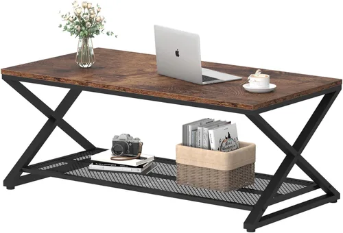 Miniatura 7 de LVB Mesa de café rústica, mesa de cóctel de té de madera y metal industrial de 2 niveles con almacenamiento para sala de estar, mesa central Marrón