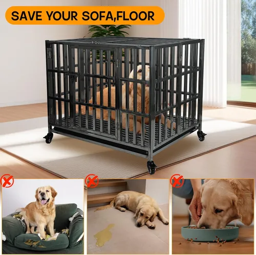 Miniatura 3 de Jaula grande para perros resistente, jaula de acero inoxidable para perros, indestructible, con ruedas enrollables, puerta doble, bandeja extraíble