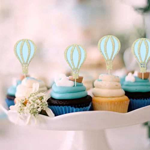 Miniatura 3 de 12 decoraciones para cupcakes de globo aerostático – Decoración para cupcakes con purpurina, decoración de baby shower, suministros de fiesta