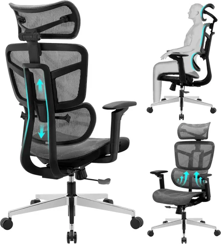 Silla de oficina ergonómica, silla de escritorio de malla con respaldo alto y respaldo ajustable y cojín lumbar y ancho, silla de trabajo grande y