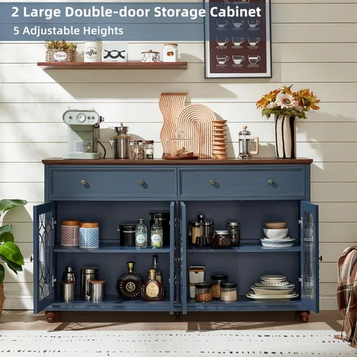 Miniatura 7 de Joaxswe Aparador de estilo rústico con almacenamiento, credenza grande de 59 pulgadas con 4 puertas de vidrio y 2 cajones, estantes ajustables, mesa