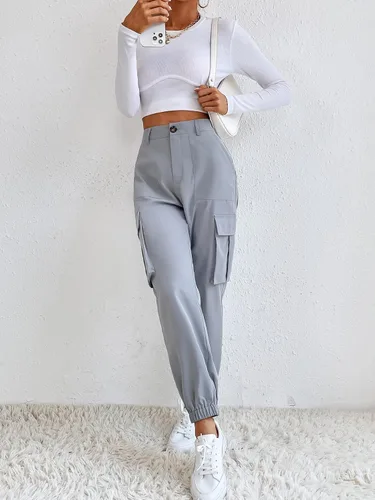 Miniatura 5 de MakeMeChic Pantalones cargo casuales de cintura alta para mujer con bolsillos