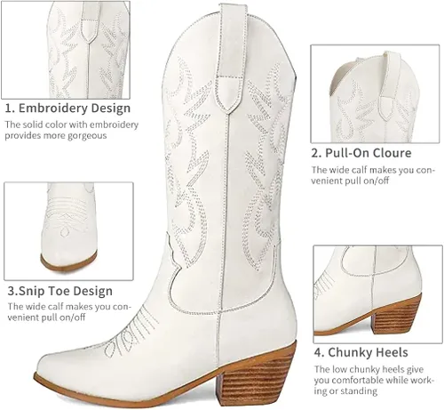 Miniatura 7 de Botas vaqueras modernas bordadas para mujer, botas de media pantorrilla, tacón grueso, retro, coloridas botas occidentales