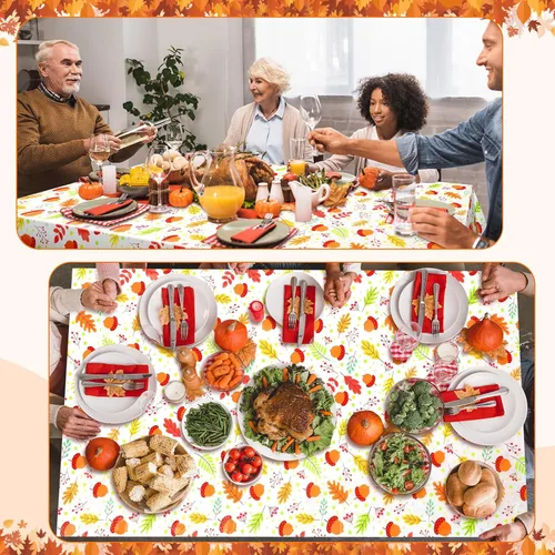 Miniatura 7 de Newwiee Paquete de 3 manteles de Acción de Gracias de 108 x 54 pulgadas, manteles de plástico desechables de otoño, mantel rectangular impermeable