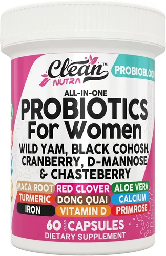Clean Nutraceuticals Probióticos para mujeres con D manosa, extracto de arándano, ñame silvestre, chasteberry – 20 cepas probióticas y prebióticas –