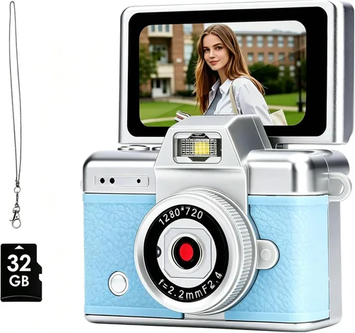 Mini cámara, cámara pequeña, cámara retro, colgante para bolsa, ranura para tarjeta micro Sd, llavero de batería de 2 horas, para principiantes, Azul