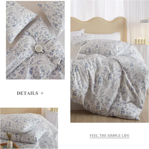 Miniatura 4 de Juego de funda de edredón blanca con estampado floral azul, juego de ropa de cama de algodón suave estilo bohemio, juego de ropa de cama estética