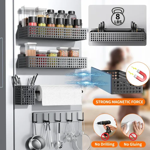 Miniatura 2 de Estante magnético para especias para refrigerador de 2 niveles y soporte para toallas de papel y soporte para utensilios, organizador magnético