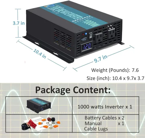 Miniatura 5 de WZRELB Inversor de corriente de onda sinusoidal pura de 1000W 48V 120V con 2 salidas de CA, inversor de coche