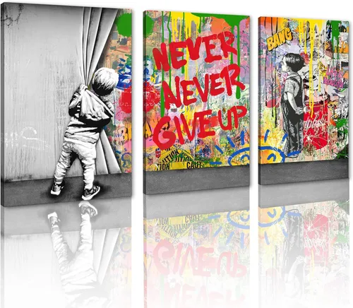 Miniatura 105 de 3 Piezas de Arte de Pared Banksy en Lienzo, Póster de Graffiti, Decoración de Pared con Citas Inspiradoras, Nunca Te Rindas, Obras de Arte para Sala