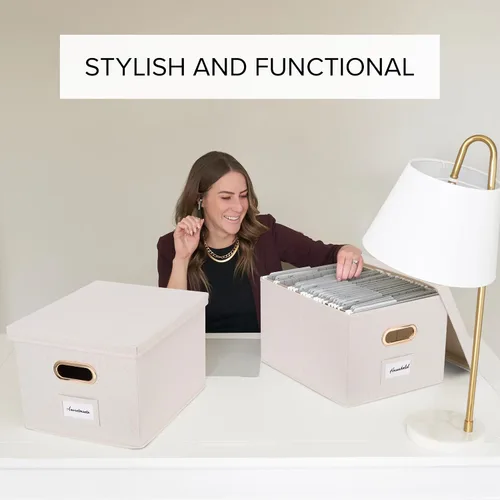 Miniatura 2 de ZICOTO Caja organizadora decorativa de archivos, juego de 2 archivadores plegables de lino con asas, perfectos para almacenar todos tus documentos