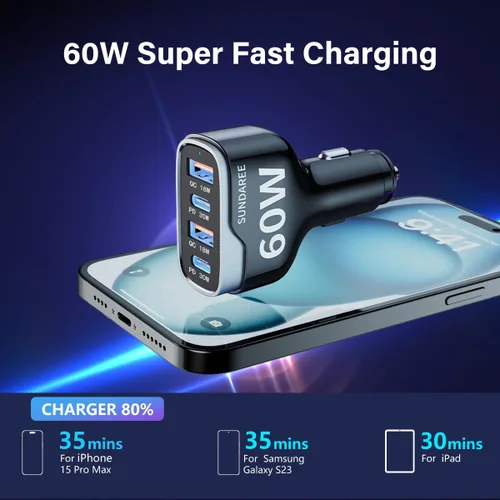 Miniatura 2 de Cargador de teléfono para automóvil, 60 W, 4 puertos, USB C, cargador de coche de carga rápida, adaptador de encendedor de cigarrillos, doble QC 3.0