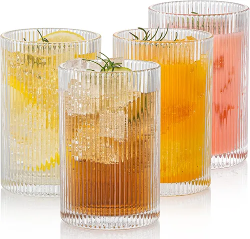 Juego de cristalería acanalada vintage: 4 vasos XL de 16.9 onzas, vasos ondulados acanalados, estilo origami, cristalería elegante para whisky,