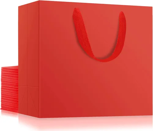 Eusoar - Paquete de 20 bolsas de papel de estraza a granel para envolver regalos, de color rojo, tamaño pequeño de 10.6 x 3.1 x 8.3 pulgadas, bolsas