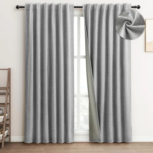 FLORECORD Cortinas de lino 100% opacas de 52 pulgadas de ancho x 84 pulgadas de largo, juego de 2 paneles de cortinas opacas con aislamiento térmico
