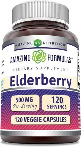 Amazing Formulas Suplemento de saúco | 500 mg por porción | 120 cápsulas vegetales | Concentrado 10:1 | Sin OMG | Sin gluten | Fabricado en Estados