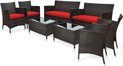 Miniatura 10 de Juego de sofá de patio de 4 piezas, juego de conversación de mimbre con respaldo ergonómico curvo, juego de muebles de ratán para patio con cojín