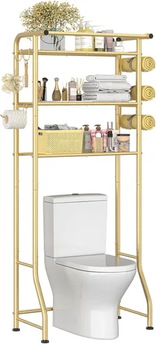 Miniatura 17 de Simple Trending Sobre el gabinete de almacenamiento del inodoro, organizador de estante de baño de metal con soporte para papel y ganchos, 3 Negro