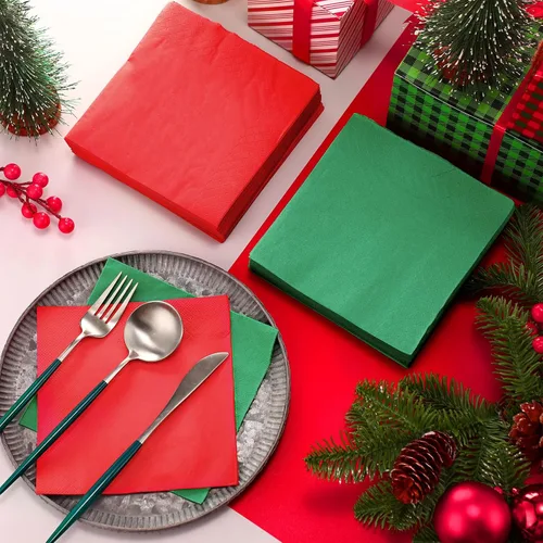 Miniatura 7 de Teling 300 piezas de servilletas de papel de Navidad desechables, servilletas rojas y verdes para fiestas navideñas, bodas, almuerzos en casa