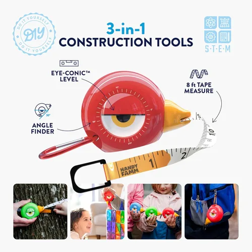 Miniatura 2 de Handy Famm Cinta métrica de pájaro rojo de 8 pies para niños, herramienta educativa STEM con nivel, transportador, diseño retráctil, juguete