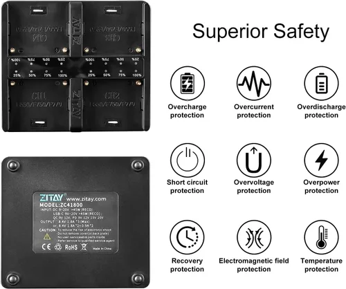 Miniatura 7 de Estación de carga rápida USB C de 4 canales con adaptador de cargador rápido PD de 65 W para baterías Sony NP-F550, NP-F750, NP-F770, NP-F970