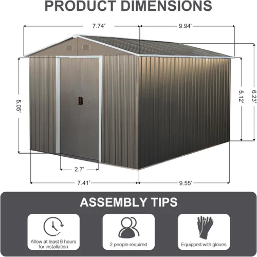 Miniatura 3 de Cobertizo de almacenamiento para exteriores de 9.94 x 7.74 pies, cobertizo de herramientas de acero con puerta y marco de suelo con doble bloqueo