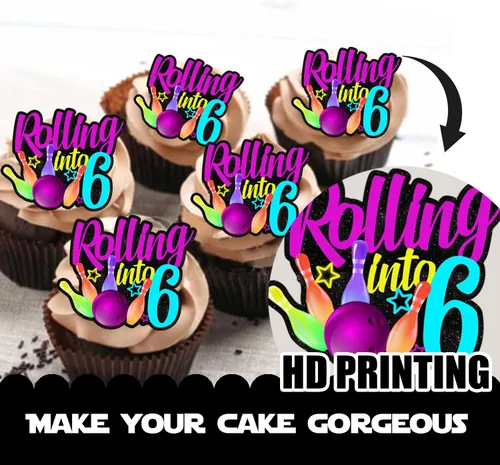 Miniatura 3 de 18 piezas de bola de boliche con purpurina, decoración de postre, magdalenas, boliches, 6 temas, suministros de decoración para niños y niñas