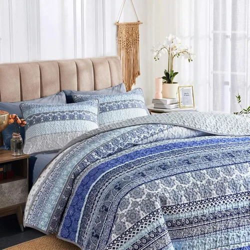Miniatura 2 de Tititada Juego de edredón de 3 piezas de tamaño king, bohemio y colorido, azul y gris con rayas estilo boho, juego de edredón estampado para verano