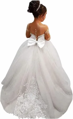 Eightale Long Sleeve Flower Girl Dresses White Lace Tulle Princess Gown Formal Pageant Dress for Wedding