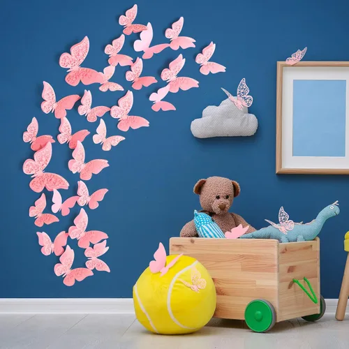 Miniatura 5 de Outus 120 Piezas Mariposas 3D en Capas Rosas Decoración de Pared Calcomanías de Mariposas Removibles Huecas Calcomanías Murales para Decoraciones