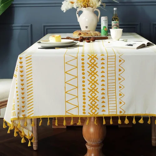 Miniatura 9 de Colorigan Mantel rectangular de lino de algodón con diseño boho, mantel de mesa de granja, mantel oblongo, sin arrugas, para interiores y Lino Crema