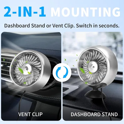 Miniatura 3 de Kwak's Ventilador de ventilación USB para montaje de ventilación de aire, ventilador de clip para automóvil con luz LED, 3 modos de viento, giro