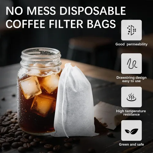 Miniatura 5 de 100 bolsas de café frío de 6 x 8 pulgadas, bolsas de filtro de café desechables sin ensuciar con cordón, bolsa de té vacía grande para té de hojas 6