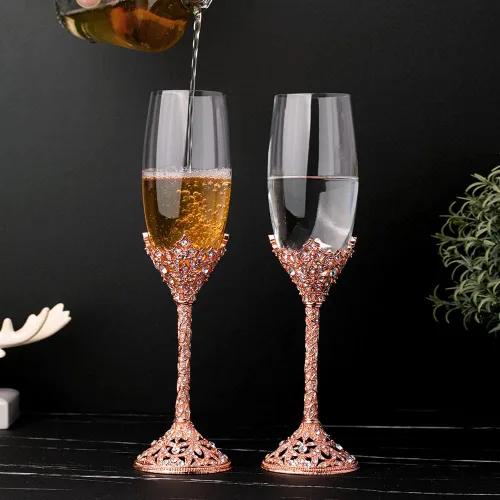 Miniatura 5 de Copas de champán - Juego de 2 pares de flautas de champán con base de metal de cristal y piedras de cristal, para brindis, aniversarios, bodas, Oro