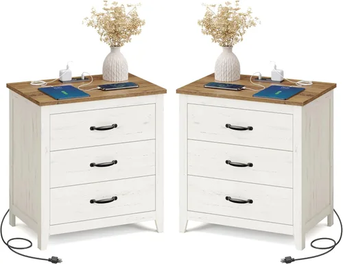 Miniatura 17 de VASAGLE Colección LIRY - Mesita de noche de estilo granja con estación de carga, mesita de noche, mesa auxiliar con 3 cajones, para dormitorio