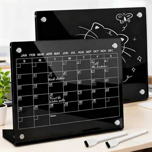 Calendario acrílico negro de borrado en seco con soporte para escritorio, 16 x 12 pulgadas, pizarra blanca mensual de escritorio grande, pizarra