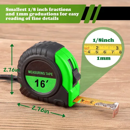 Miniatura 2 de Yunsailing Paquete de 15 cintas métricas retráctiles a granel de 16 pies, medidas pequeñas, fáciles de leer con fracciones de medición de 1/8 (verde)
