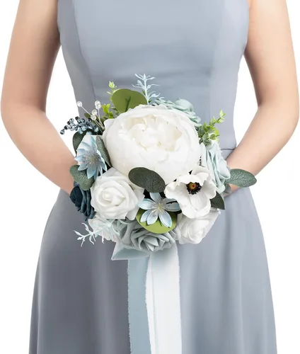 Ling's moment Ramos de flores artificiales de boda color azul polvoriento, para damas de honor, ramo floral blanco, ramos de novia azul claro para