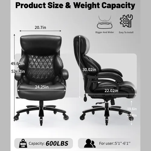 Miniatura 2 de Silla de oficina grande y alta de 600 libras, silla de escritorio de cuero ejecutiva con soporte lumbar ajustable y cojín de resorte de bolsillo