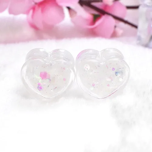Miniatura 7 de 6 unids3 pares brillando Paillette en forma de corazón medidores de oreja túneles y enchufe acrílico dilatador de oreja Stud estirando