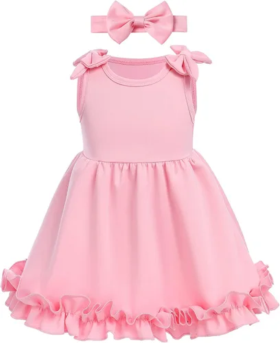 Miniatura 3 de Baby Girl Tutu Dress Summer Sleeveless Ruffle Princess Birthday Party Dresses Flower Bowknot Sundress with Headband Set