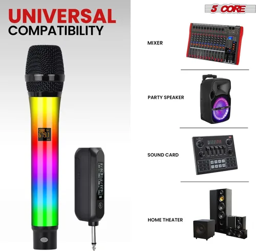 Miniatura 8 de 5 CORE Micrófonos inalámbricos, par de karaoke con luces LED brillantes, recargable, portátil, de largo alcance, micrófonos dinámicos de mano