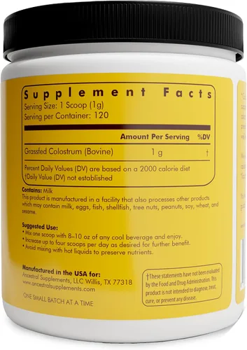 Miniatura 2 de Ancestral Supplements Polvo de Calostro Bovino - Alimentado con Hierba, Liofilizado, Apoyo Inmunológico y Salud Intestinal, 120 Porciones