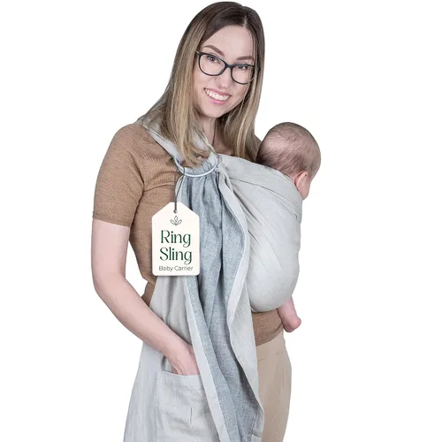 Miniatura 19 de Portabebés con Eslinga de Anillo - Probado en Laboratorio de EE. UU., 100% Algodón Muslin Natural, Eslinga de Anillo transpirable y ergonómica Beige