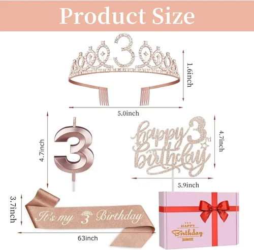 Miniatura 4 de Decoraciones de cumpleaños de 3 años para niñas; banda, corona/tiara, velas y adorno para pastel de cumpleaños de 3 años; regalos y decoraciones